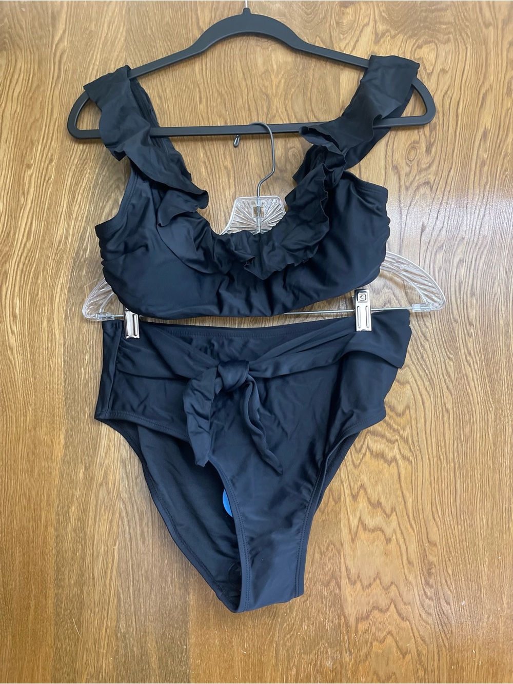 Black Ruffle swimsuit Two-Piece Bikini Set high waist tummy control beach